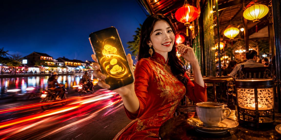 Người dùng tại Hội An xem thông tin hoàn tiền rebate bonus trên điện thoại bên tách cà phê