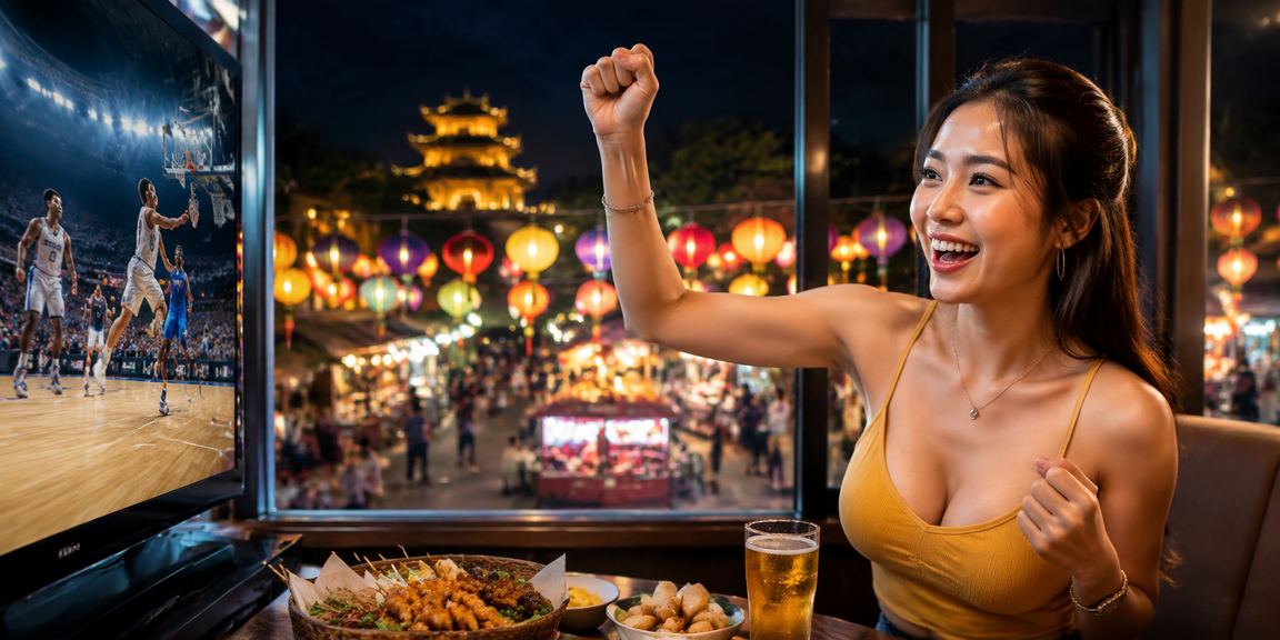 Không khí chợ đêm tại Huế với người xem bóng rổ và theo dõi cá cược trên điện thoại