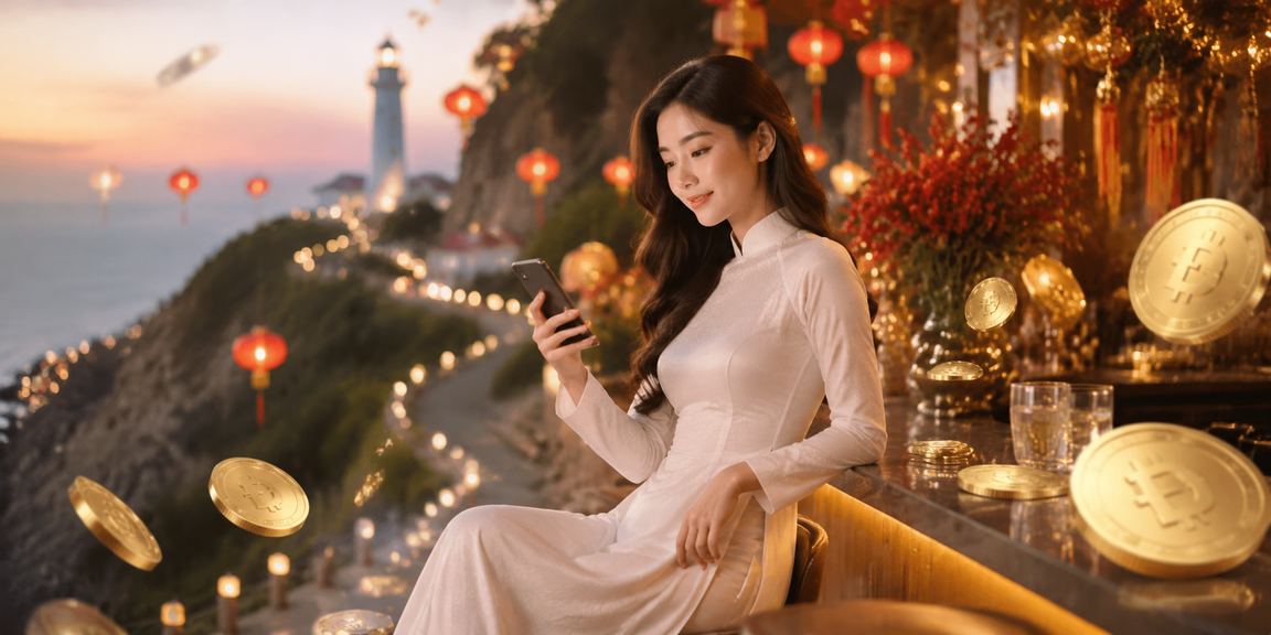 Phụ nữ mặc áo dài tại Vũng Tàu xem kết quả xổ số trên điện thoại bên bờ biển buổi chiều